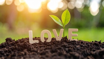 The word "LOVE" in bold letters rests on soil beside a sprouting plant—symbolizing emotional growth, natural connection, and sunlight-warmed serenity.
