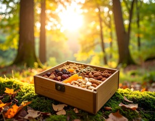 Wooden box filled with nuts and dried fruit sits on mossy forest floor, sunbeams shining through trees
