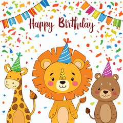 Naklejka premium Joyful birthday celebration with cute cartoon animals enjoying festive party atmosphere and confetti