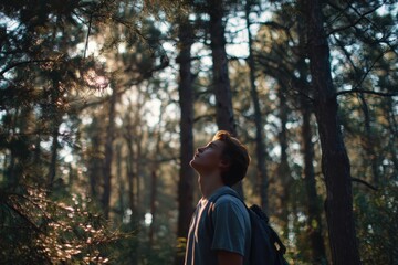 Young man with backpack standing in sunlit forest, gazing upward through tall pine trees, surrounded by natural woodland atmosphere and serene outdoor light