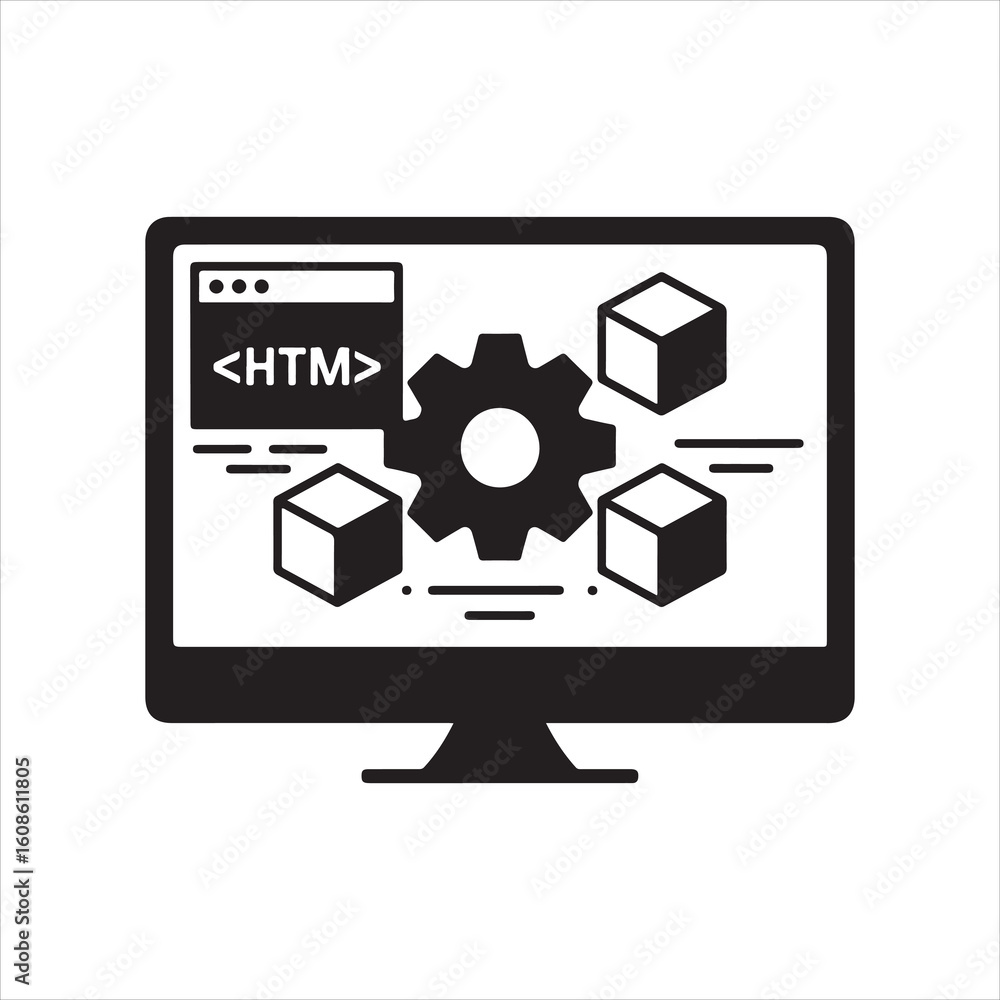 Poster html development icon – gear and 3d blocks on monitor