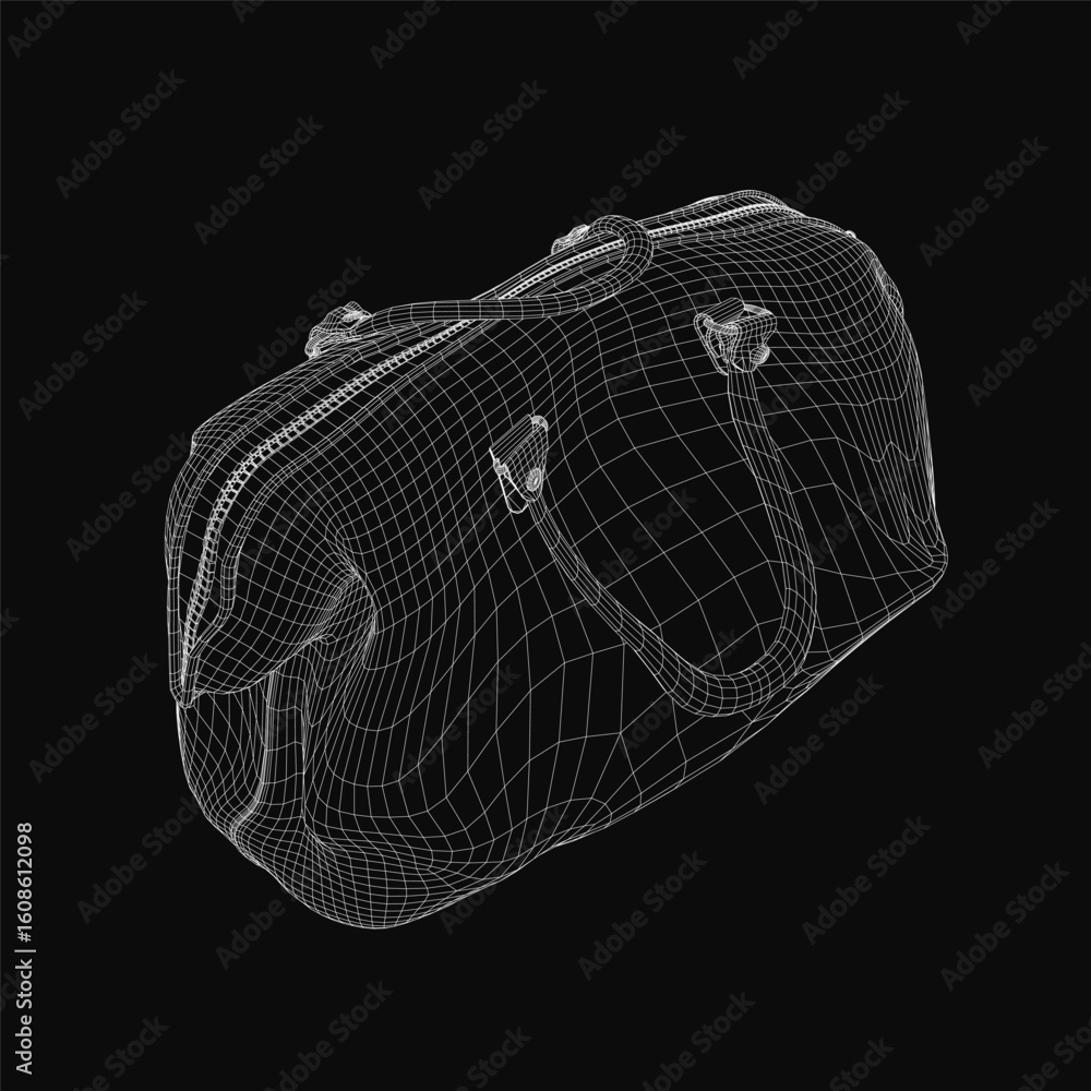 Aufkleber a 3d wireframe model of a duffel bag displayed on a sleek black background. the detailed mesh struct