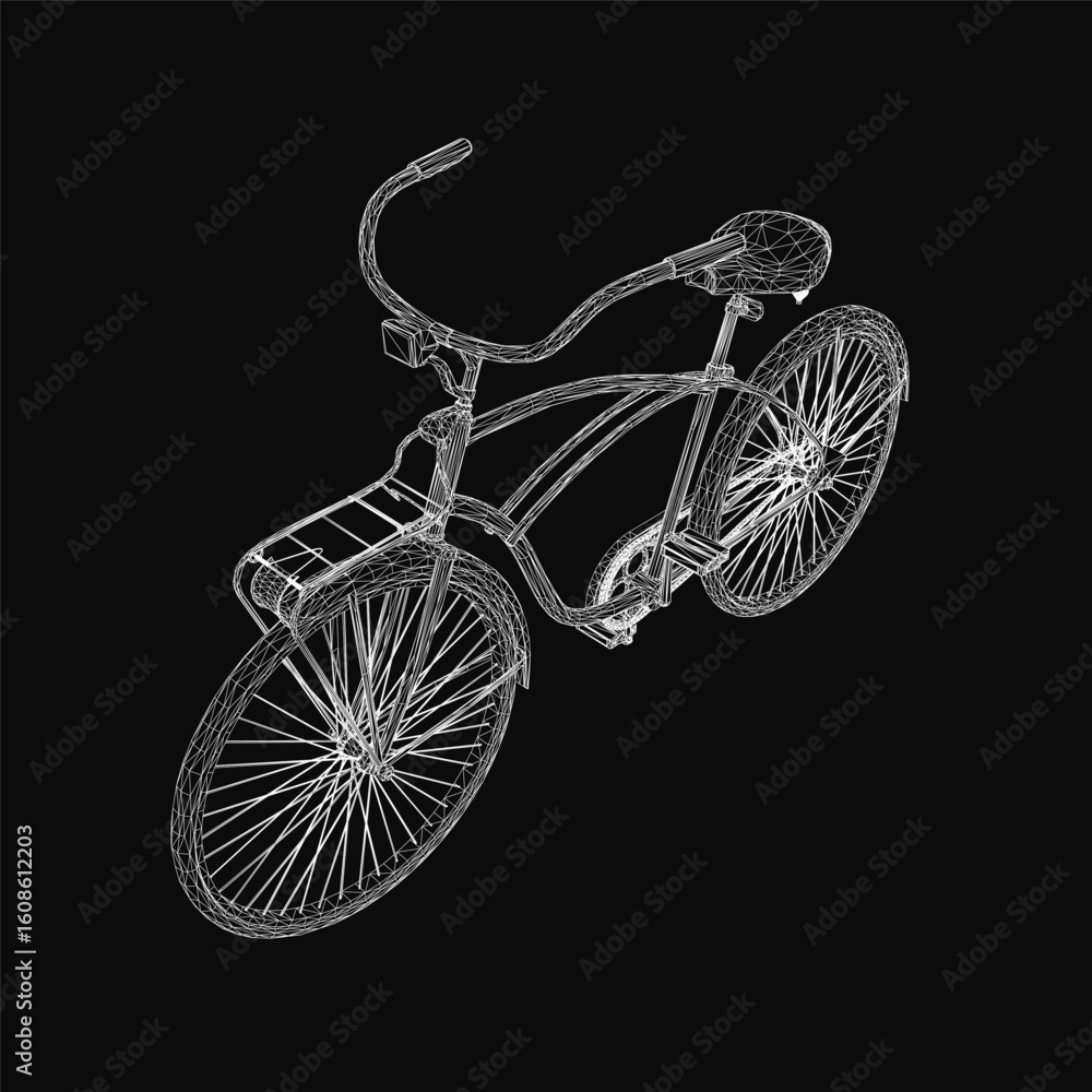 Poster a retro bicycle rendered as a detailed 3d wireframe model with realistic shading and clean lines. th