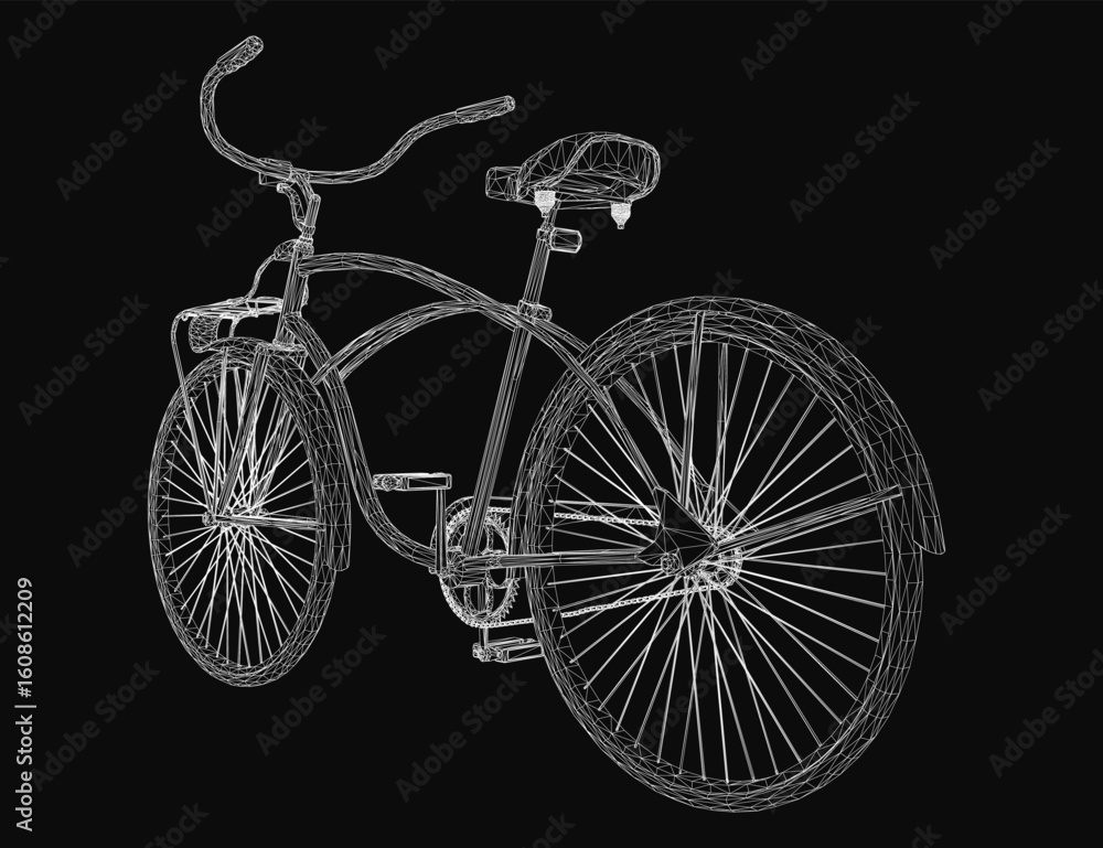 Poster retro bicycle wireframe model with clean lines and realistic details, isolated on a black background