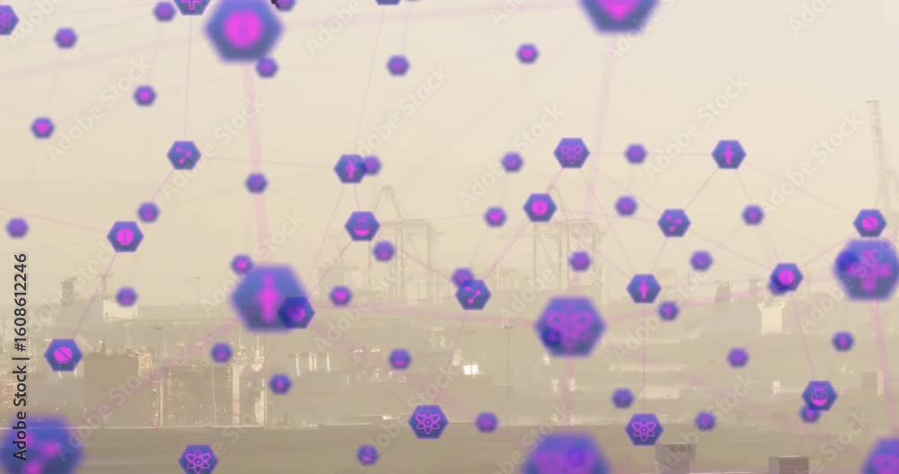 Poster at start hexagons drifting, linking into pulsing network showing connectivity before dissolving
