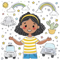 Fototapeta premium Joyful child surrounded by whimsical elements like rainbows, cars, and a sun, perfect for creative projects.
