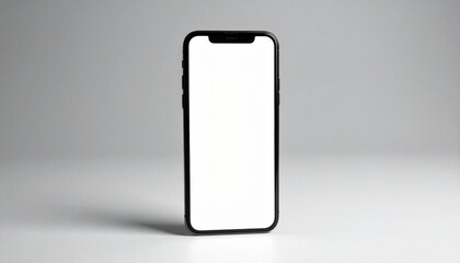 A black-framed smartphone stands upright on a pale surface with a blank white screen—evoking modern stillness, interface neutrality, and digital readiness.