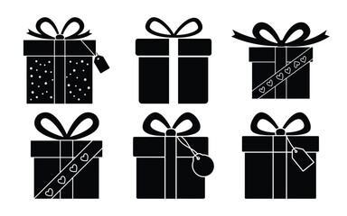 A set of black gift box silhouettes with ribbons and tags isolated on white background, perfect for adding a festive touch to any design