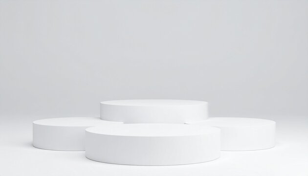 Four white cylindrical platforms in staggered heights on a white surface—evoking minimal structure, layered elevation, and sculptural design harmony.