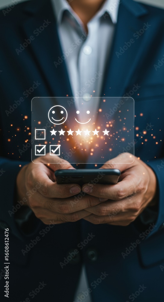 Poster smartphone user with customer satisfaction smiley face and star ratings. digital feedback interface 