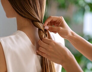 Naklejka premium Woman Braiding Hair Close Up Beauty Concept Hair Styling Fashion Lifestyle