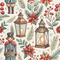 Charming seamless watercolor pattern featuring glowing lanterns, nutcracker soldiers, poinsettias, pine branches, and berries in a festive holiday theme.