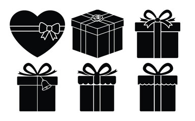 A collection of black gift box silhouettes with bows and ribbons isolated on white background, ideal for holiday or birthday themed designs