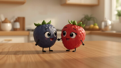 Two animated fruit characters share a moment of affection on a table. They're standing close to each other, in a scene that could portray friendship. Their environment shows elements of a kitchen.