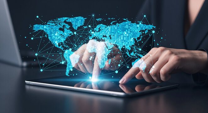 Businesswoman touching a tablet with a glowing blue holographic world map illustrating a global network and data communication