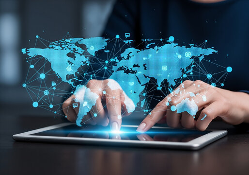 Businesswoman using a tablet with a futuristic holographic world map showing a global communication network and data connections