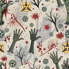 Grungy seamless pattern featuring zombie hands, blood splatters, virus cells, biohazard symbols, and dead trees in an apocalyptic theme.