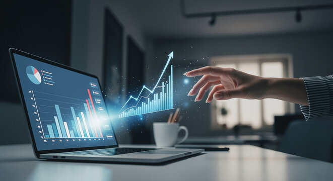 Businesswoman's hand analyzing a futuristic holographic growth chart projecting from a laptop, symbolizing financial data analysis and success