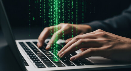 Hacker hands typing on a laptop with a glowing green digital matrix code stream, a concept for cybersecurity and data