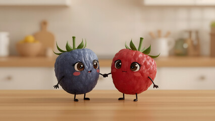 An endearing illustration showcases two charming cartoon berry characters tenderly holding hands, surrounded by a warm kitchen backdrop.