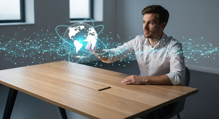 Businessman interacting with a holographic Earth globe and digital network, symbolizing global business, technology, and future innovation
