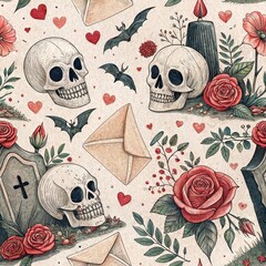 Seamless gothic romantic pattern featuring skulls, red roses, candles, bats, hearts, envelopes, and tombstones in a dark vintage style.