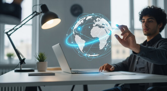 Young professional in a modern office interacting with a futuristic holographic globe and global network data