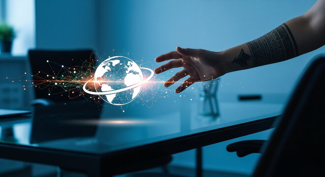 Person's tattooed hand interacts with a holographic Earth, symbolizing global business, technology, and futuristic data networks - Powered by Adobe