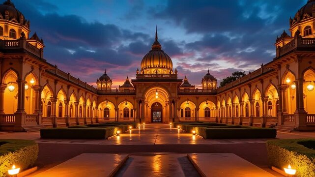 Mysore City Palace in Karnataka glows at dusk, showcasing vibrant lights and stunning architectural details, a majestic 4k video.