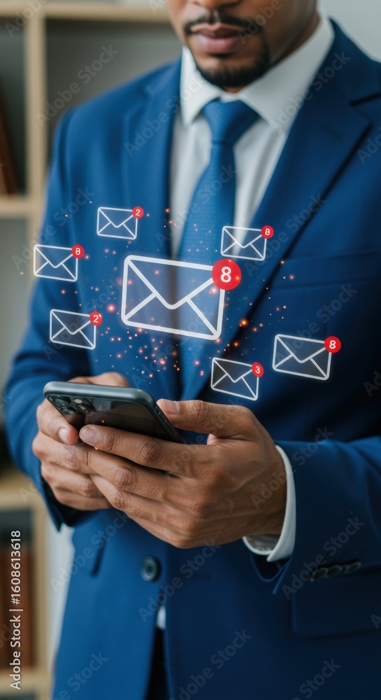 Poster business professional checking emails on smartphone with envelope icons. digital communication overl