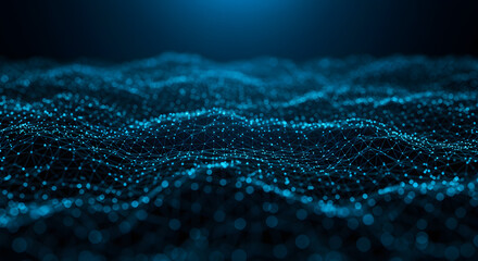 Abstract digital landscape of glowing blue particles forming a wavy surface. A futuristic technology background representing data, networks, and communication.
