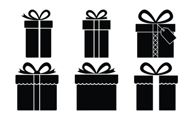 A collection of six black gift boxes with ribbons and bows isolated on white background, ideal for holidays