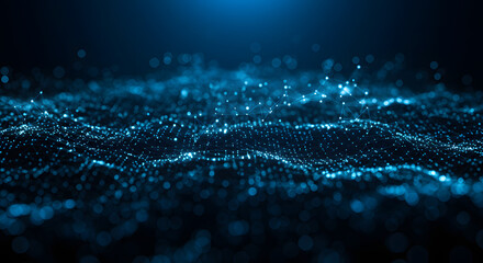 Abstract futuristic technology background showing a digital wave of glowing particles and interconnected lines.