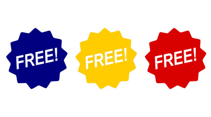 Set of three FREE promotional labels in blue, yellow, and red. Bold jagged badge design for product promotions, discount tags, and ecommerce highlights