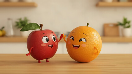 An apple and orange with smiling and waving at the kitchen with warm tone and natural light creating a welcoming and happy atmosphere.
