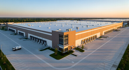 Modern Logistics Warehouse: Vast Industrial Building with Flat Roof Ready for Operations and any necessary Roof Repair.