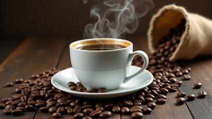 Obraz premium Cup coffee beans wooden