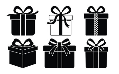 A set of black gift box icons with different ribbon styles and patterns, isolated on white background