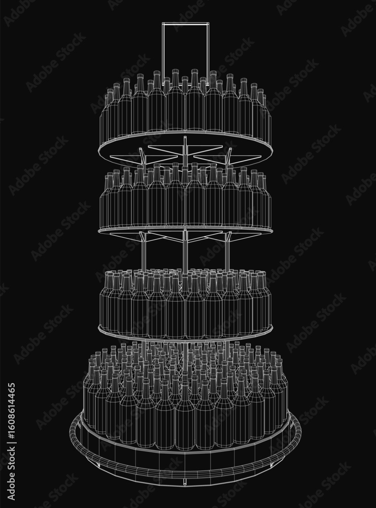 Poster a 3d wireframe model of a three-tiered cake rack holds neatly arranged bottles on top. the black bac