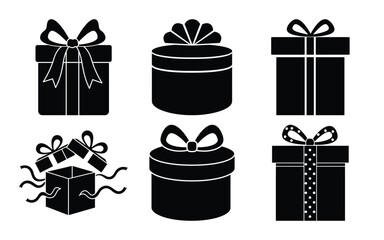 A set of black gift box silhouettes isolated on white background, perfect for adding a touch of elegance to any design