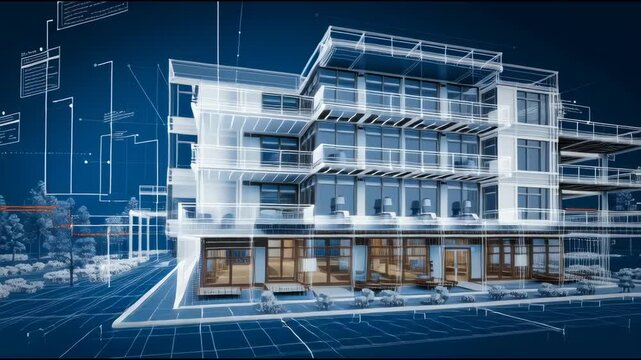 make a blue print of a hospital in deep blue background with a floating gantt chart, and email threads that pop from semi transparent browser windows