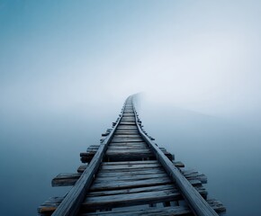 Fototapeta premium Misty wooden walkway stretches into a hazy horizon