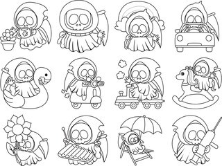 Illustration of cute skull ghost icon.
Funny skull ghost in activities stickers.
Angel of death cute elements.