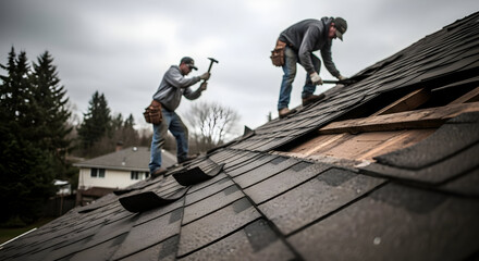 Professional Crew Engaged in Repair Roof Work on a House
