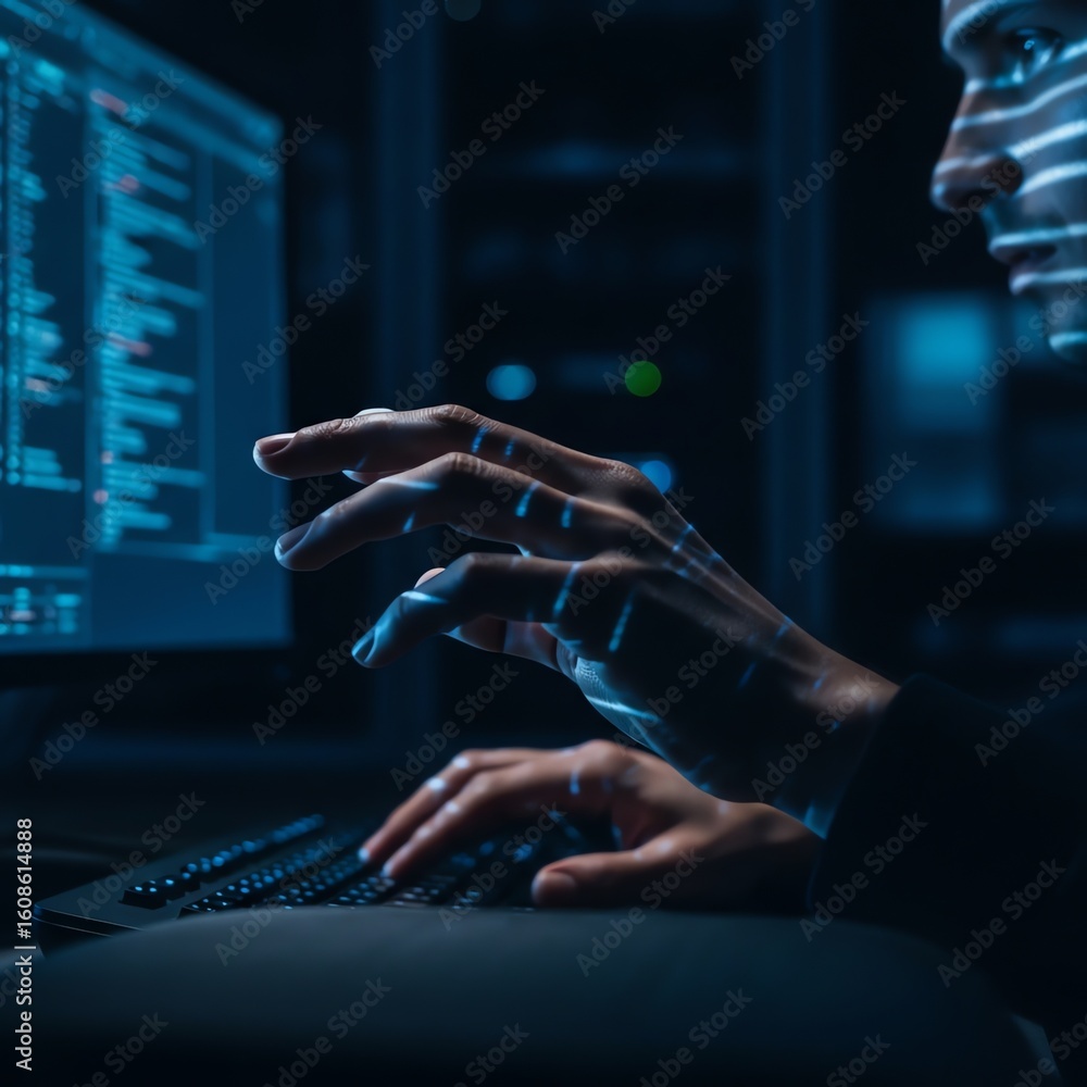 Poster hacker typing on keyboard in server room