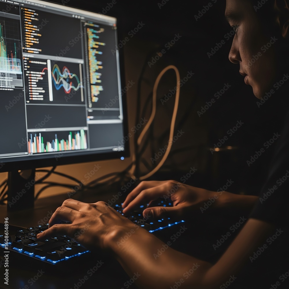 Poster hacker working at computer late night