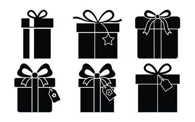 A set of black gift box silhouettes isolated on white background, each uniquely decorated with ribbons and tags