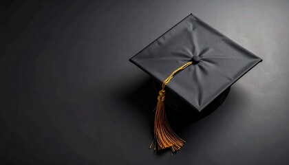 Black graduation cap sits on dark surface; gold tassel hangs