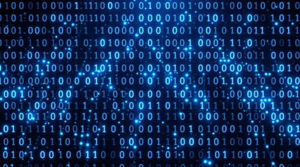 A digital matrix of blue binary code with glowing particles floating in the background on black