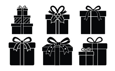A collection of six black gift boxes with decorative ribbons and bows isolated on white background, ideal for festive occasions